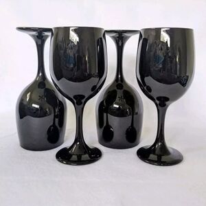 (4) Vintage Libbey Black Glass Stemware Wine Glasses Barware